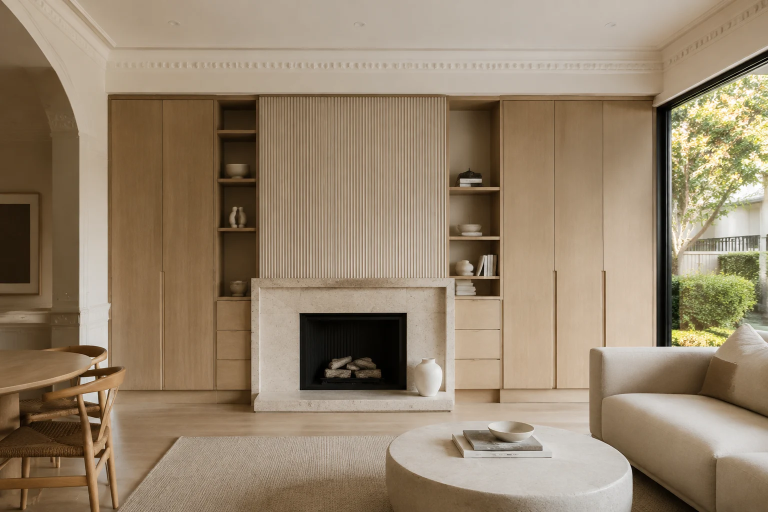 Adelaide-inspired villa · living & dining. Heritage-inspired proportions with a quietly modern finish. AI design concept.