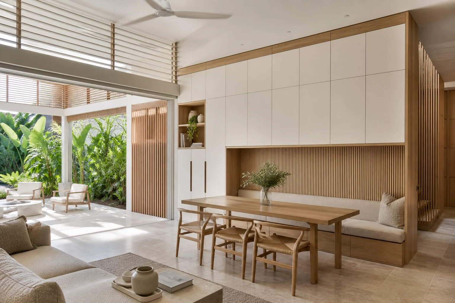 Brisbane-inspired villa · living & dining. Airy timber detailing and a seamless garden connection. AI design concept.