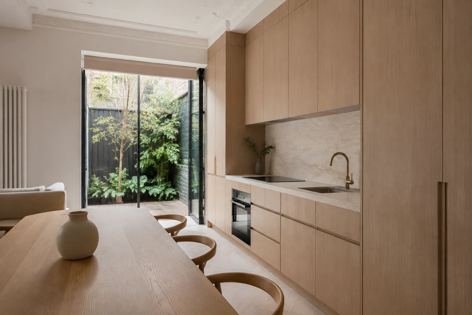 Melbourne-inspired residence · kitchen & dining. Period character meets clean-lined contemporary joinery. AI design concept.