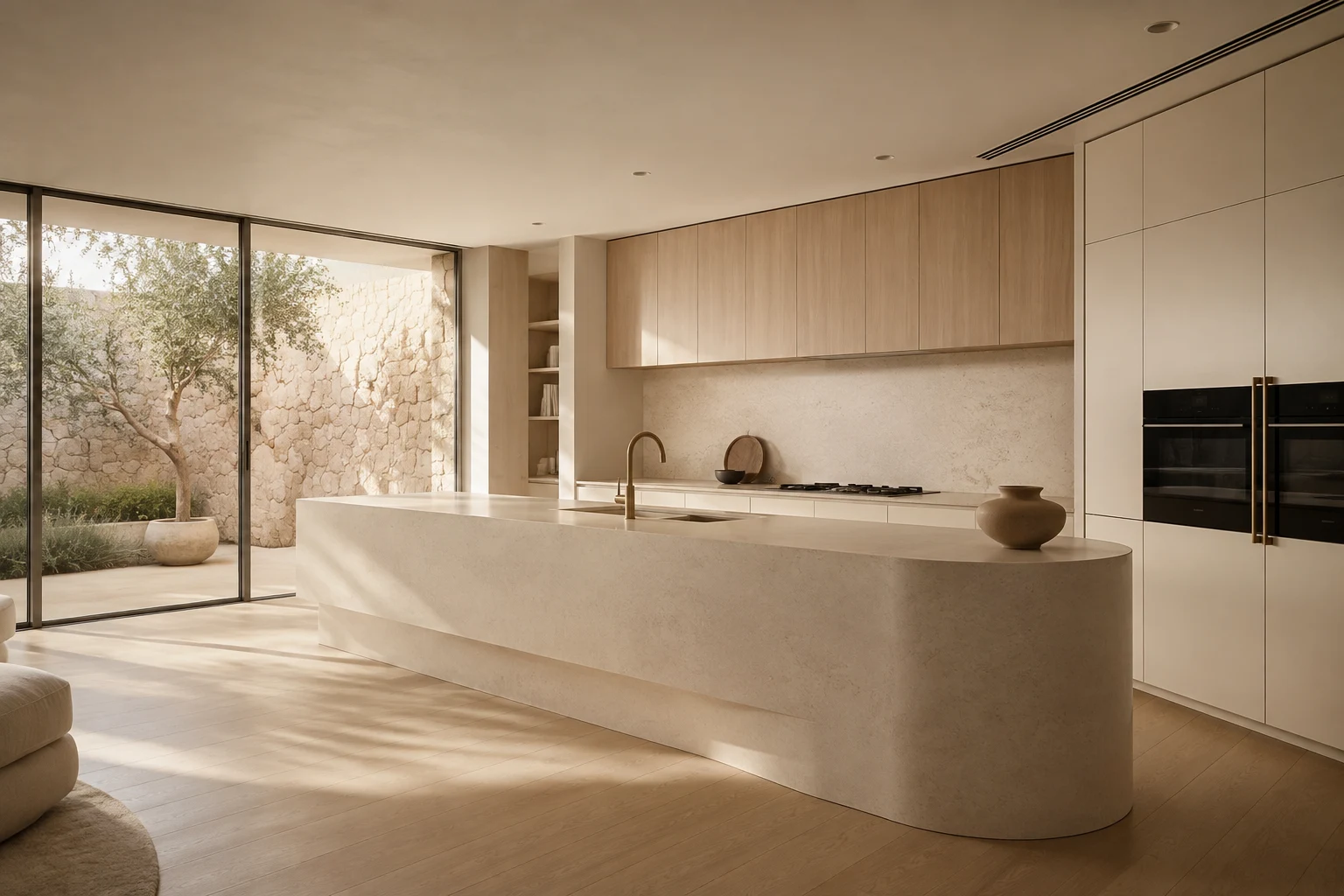 Perth-inspired courtyard villa · kitchen. Limestone tones, sculptural forms and sheltered outdoor living. AI design concept.