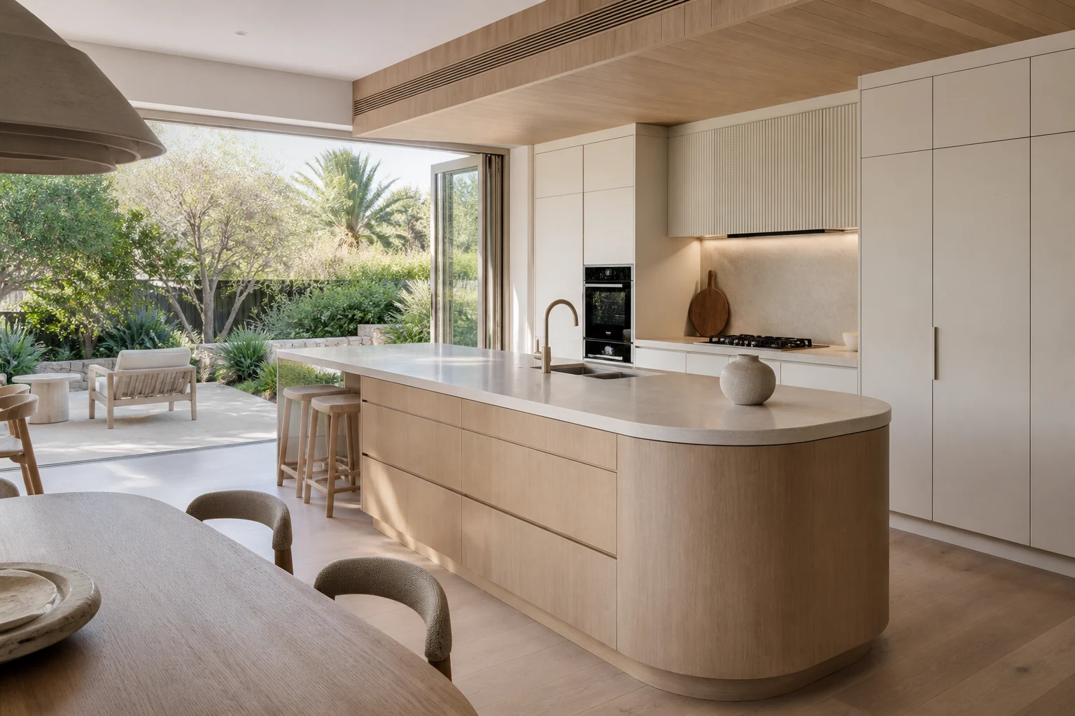 Sydney-inspired villa · kitchen & living. Pale oak, warm white and a soft coastal palette. AI design concept.