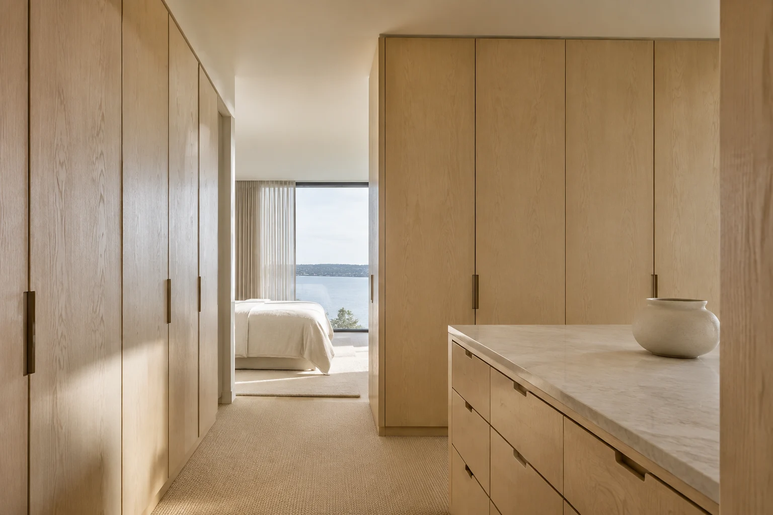 Sydney-inspired large apartment · master suite. A coordinated dressing room, bedroom and private escape. AI design concept.