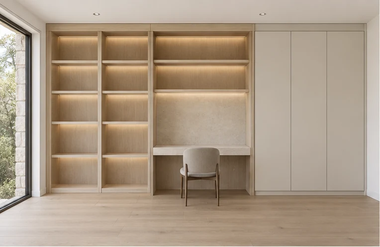 Illustrative visualisation of a light oak joinery wall and study nook
